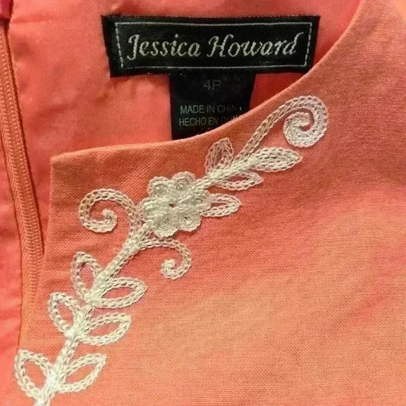 Jessica Howard Peach/Coral embroidered V-neck Sleeveless Lined Linen Sz 4P #110 - Picture 4 of 7